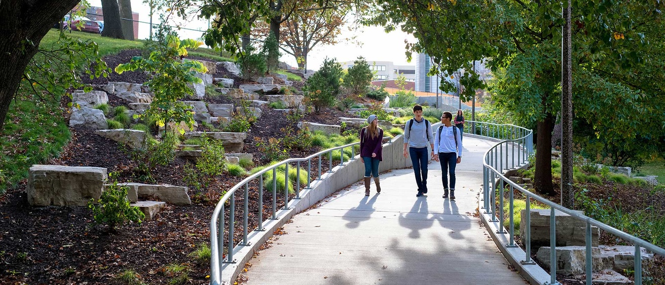 students walking down path surrounded by trees